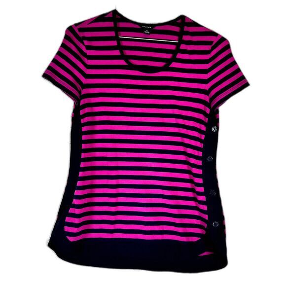 Nautica Top Women's S‎  Short Sleeve Tshirt Rounded Sides Striped Fuchsia Navy - Picture 1 of 9